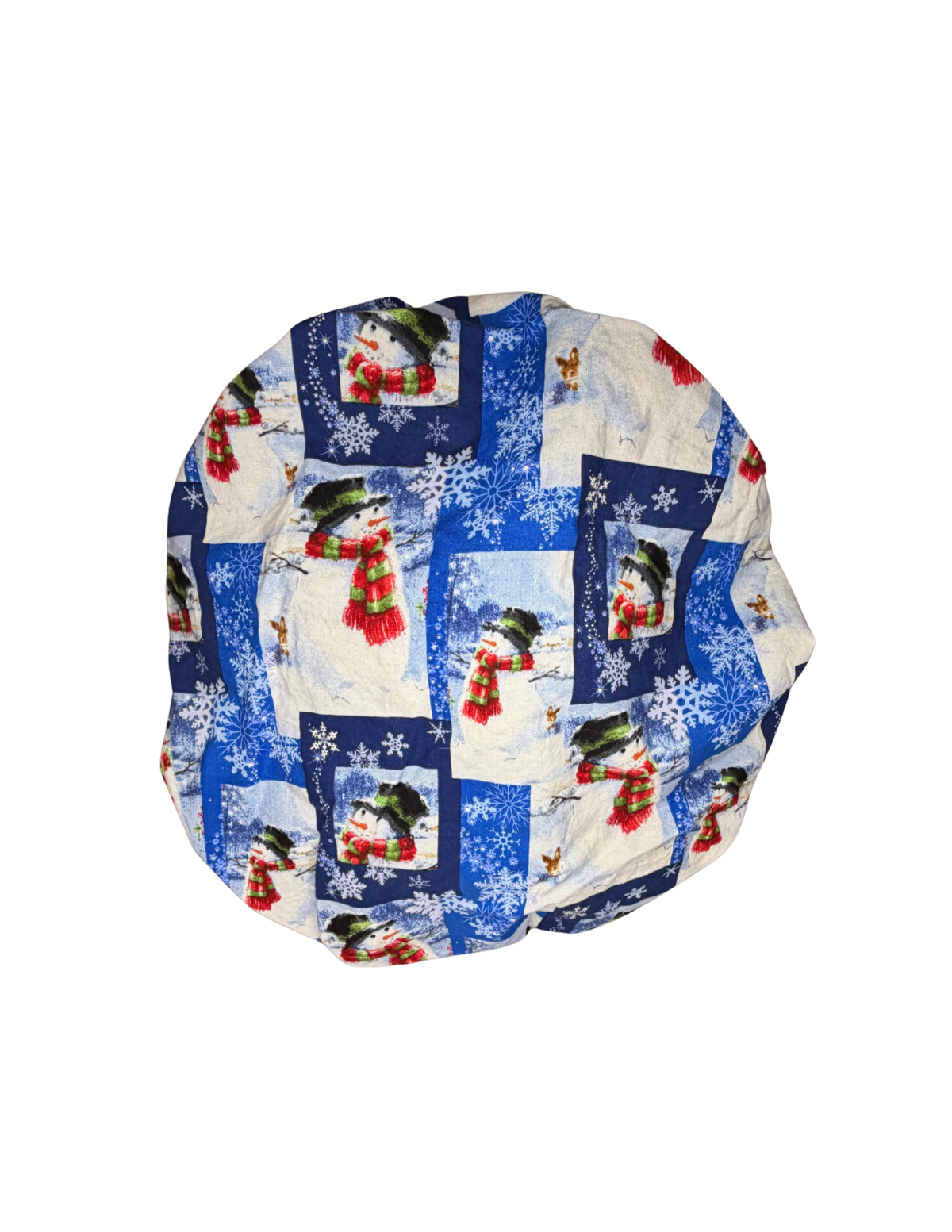 Blue Snowman With Snowflakes Handmade Bouffant Style Cap Bonnet