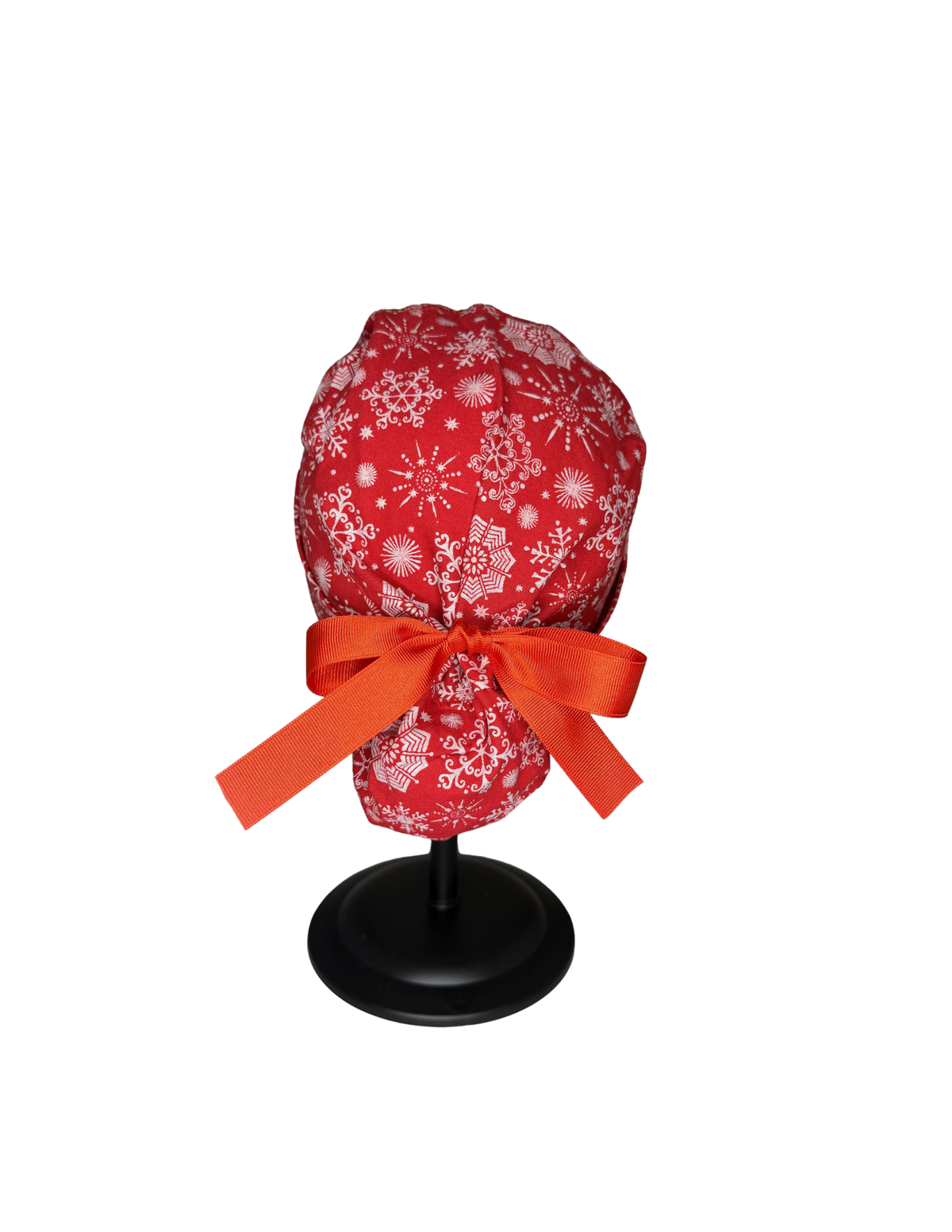 Holiday Snowflakes With Red Background Handmade Pony Tail Style Cap With Ribbon Tie