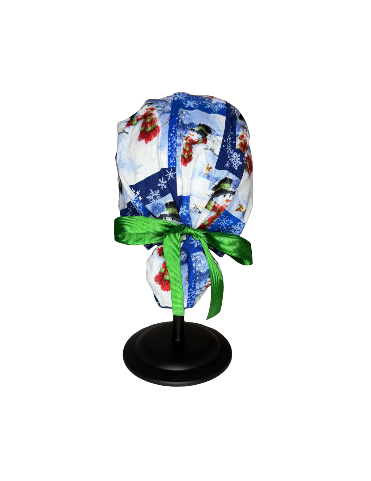 Blue Snowman With Snowflakes Handmade Pony Tail Style Cap With Ribbon Tie