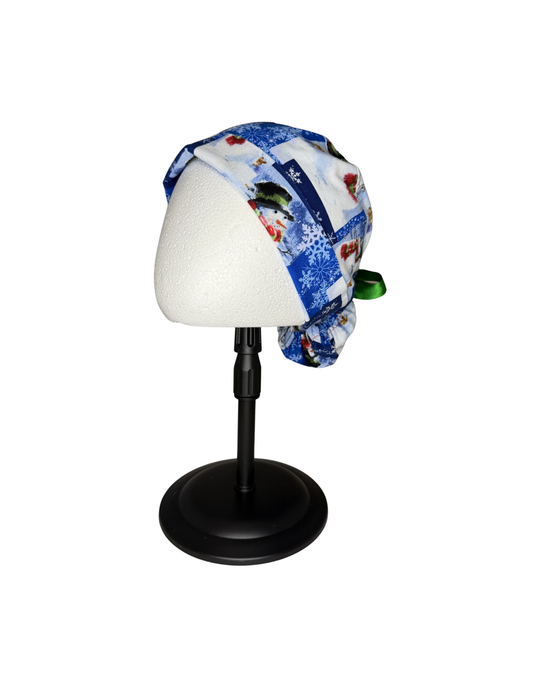 Blue Snowman With Snowflakes Handmade Pony Tail Style Cap With Ribbon Tie