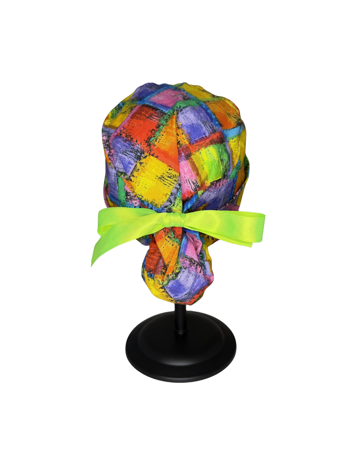 Bright Multicolor Squares Green Ribbon Handmade Pony Tail Style Cap With Ribbon Tie