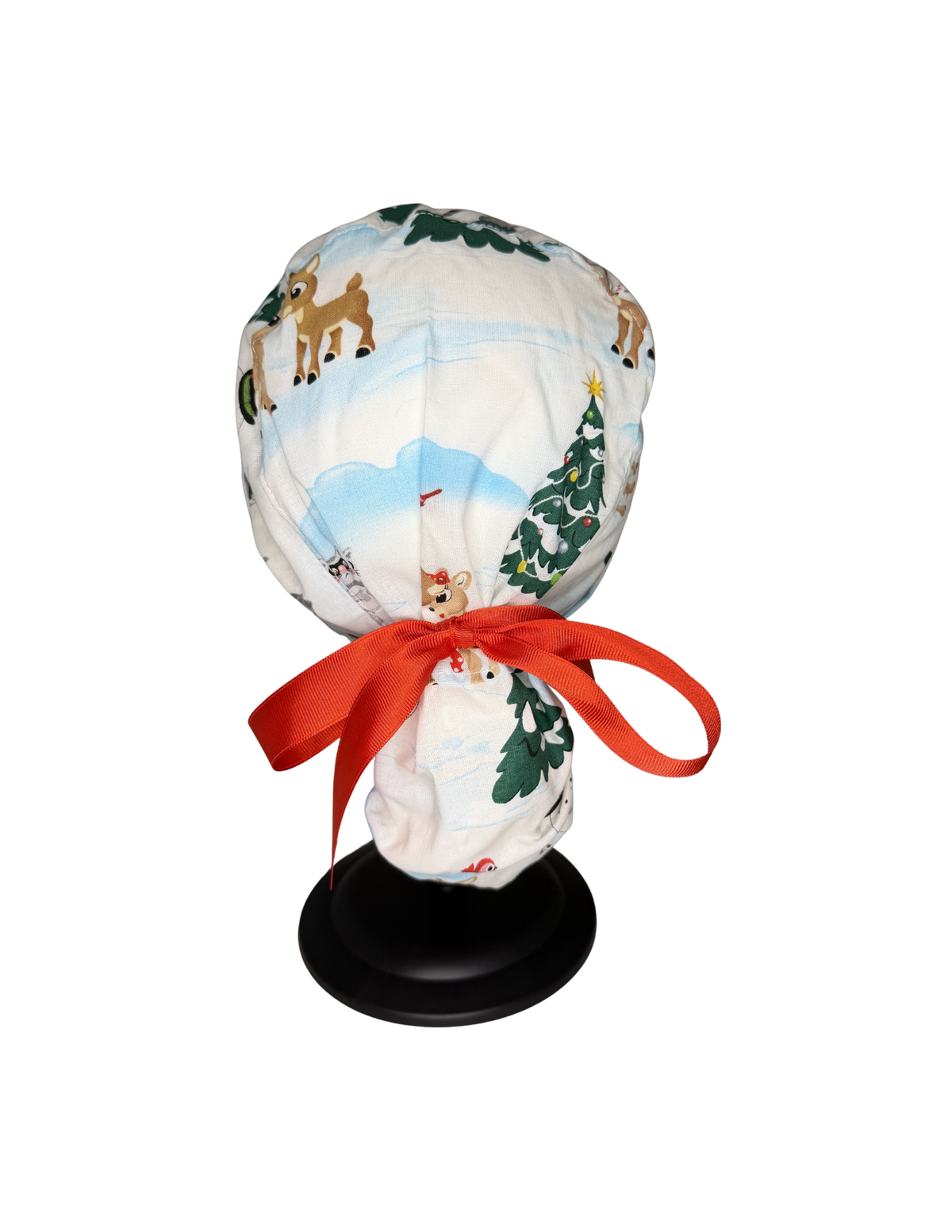 Cartoon Christmas Deer Snow Scene Handmade Pony Tail Style Cap With Ribbon Tie