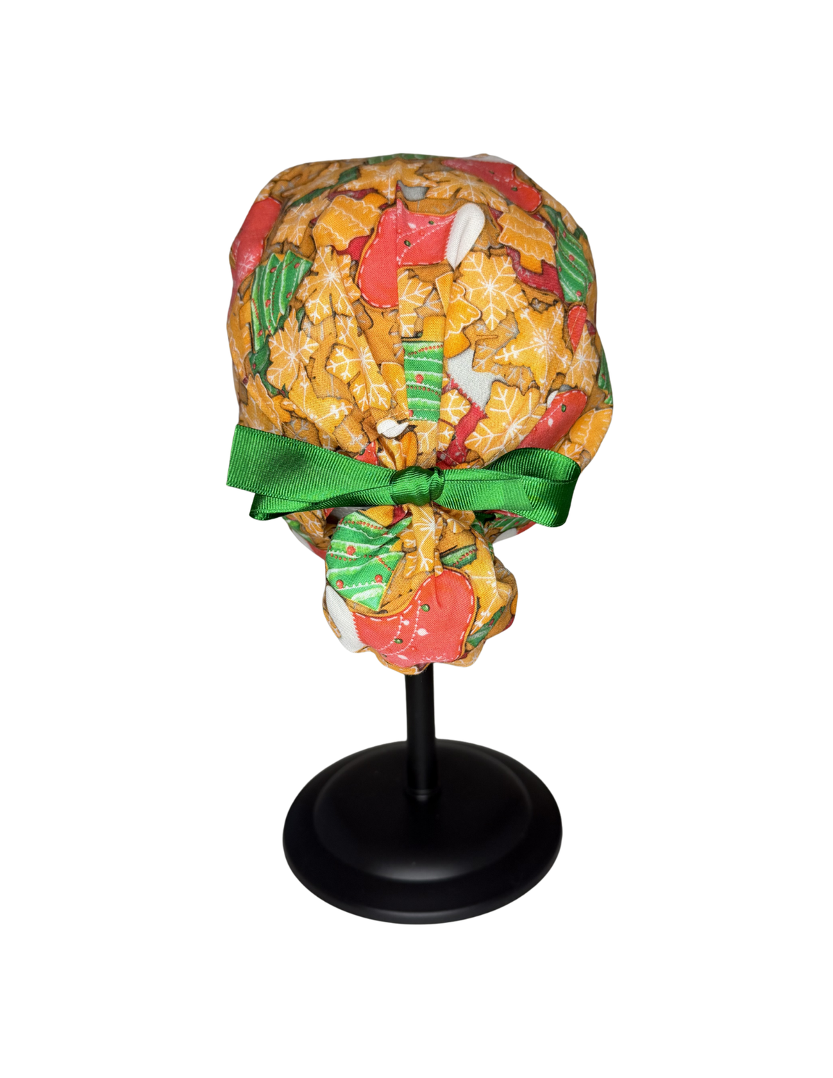 Red Green Gingerbread Holiday Handmade Pony Tail Style Cap With Ribbon Tie For Short Hair
