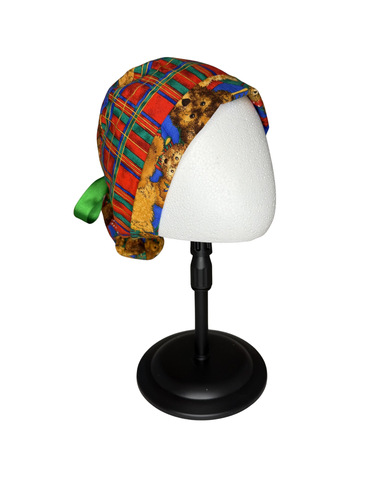 Plaid Teddy Bears Handmade Pony Tail Style Cap With Ribbon Tie
