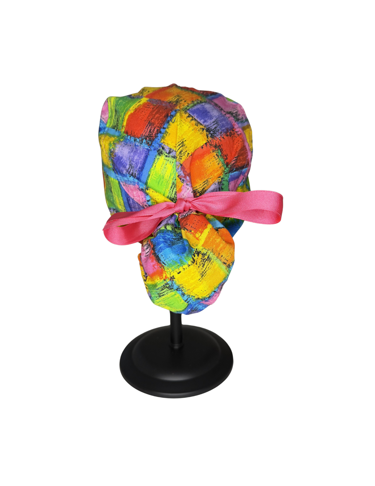 Bright Multicolor Squares Pink Ribbon Handmade Pony Tail Style Cap With Ribbon Tie