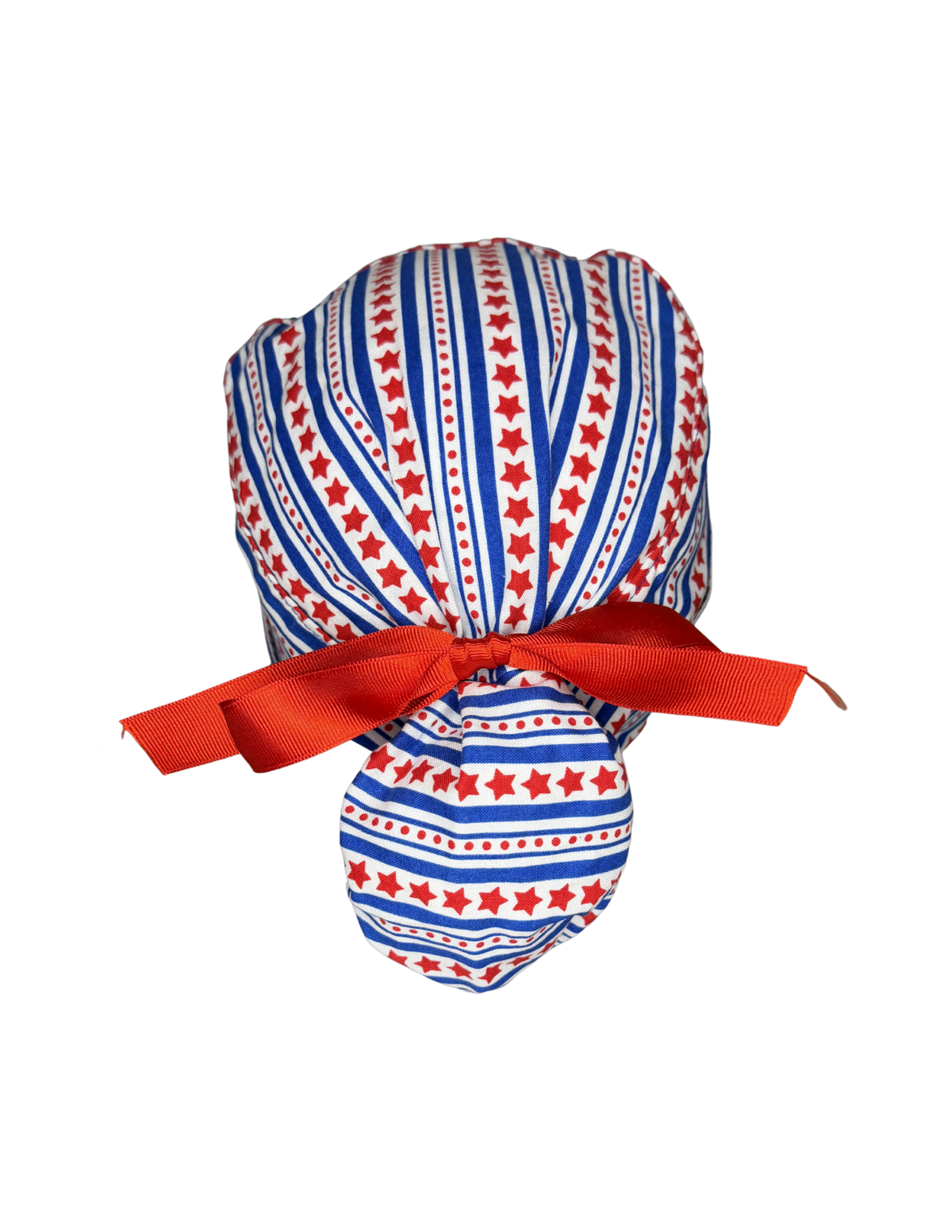 Blue Patriotic Stars Pattern Handmade Pony Tail Style Cap With Ribbon Tie