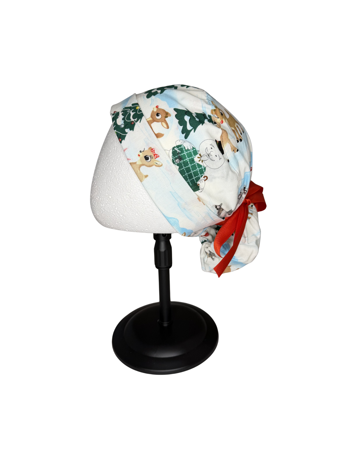 Cartoon Christmas Deer Snow Scene Handmade Pony Tail Style Cap With Ribbon Tie