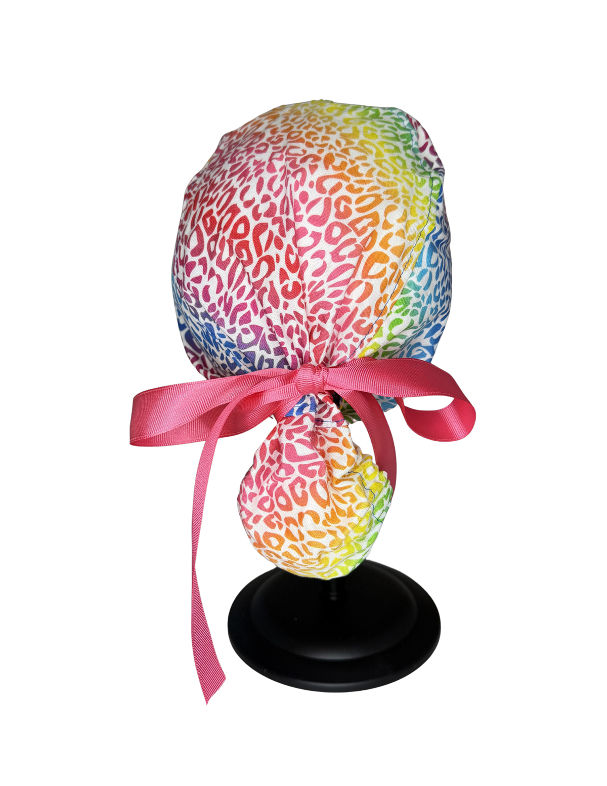 Rainbow Leopard Handmade Pony Tail Style Cap With Ribbon Tie