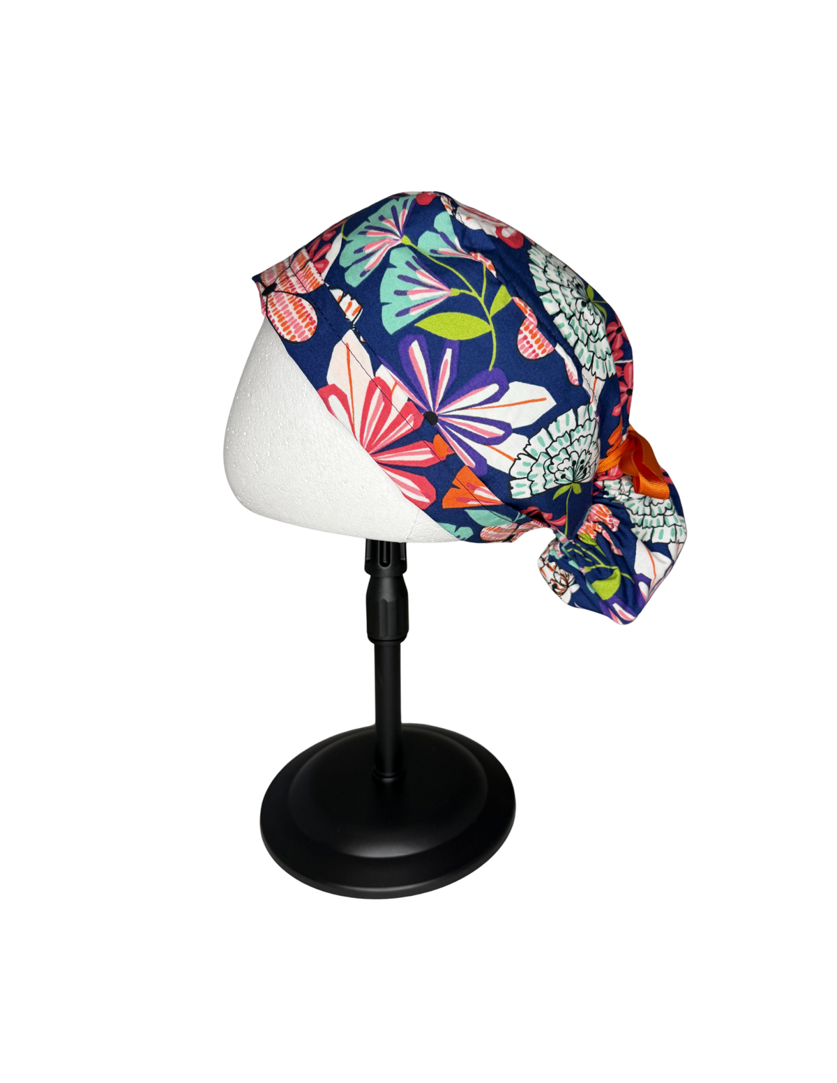 Colorful Pop Art Floral Navy Background Handmade Pony Tail Style Cap With Ribbon Tie