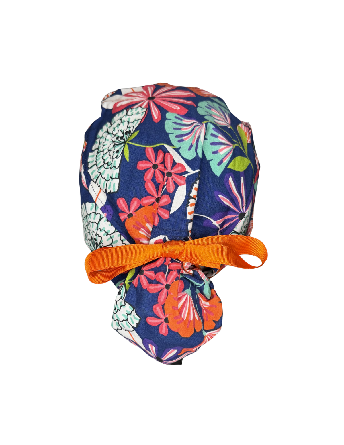 Colorful Pop Art Floral Navy Background Handmade Pony Tail Style Cap With Ribbon Tie