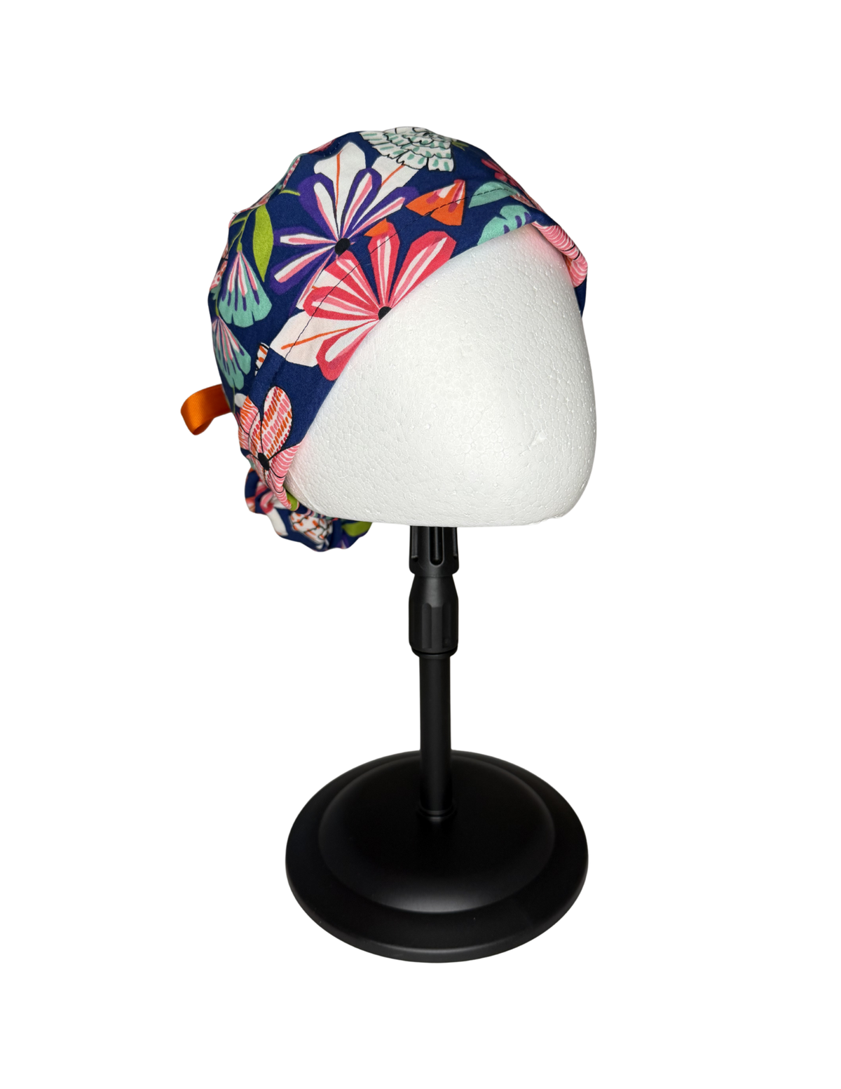 Colorful Pop Art Floral Navy Background Handmade Pony Tail Style Cap With Ribbon Tie