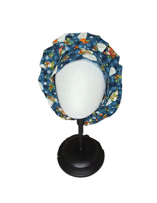 Blue Vintage Christmas Snowman Handmade Bouffant Style Cap Bonnet