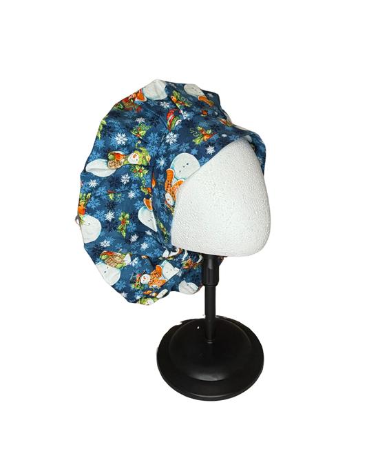 Blue Vintage Christmas Snowman Handmade Bouffant Style Cap Bonnet