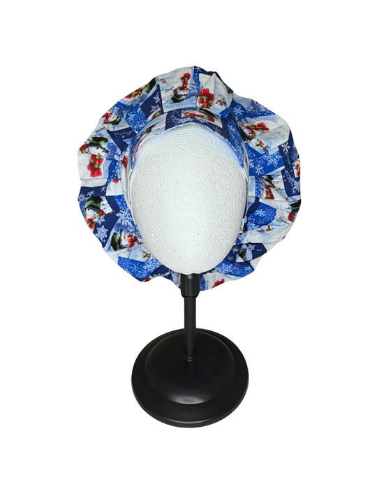 Blue Snowman With Snowflakes Handmade Bouffant Style Cap Bonnet