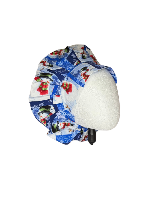 Blue Snowman With Snowflakes Handmade Bouffant Style Cap Bonnet