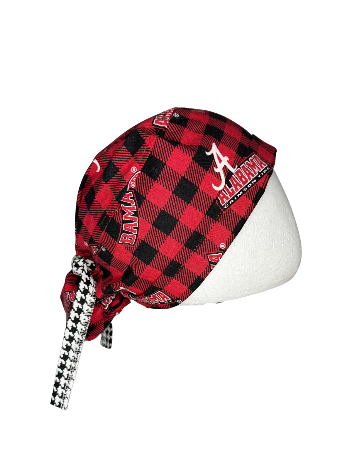 Southern Football Black Red Checkerboard Houndstooth Handmade Pony Tail Style Cap With Ribbon Tie