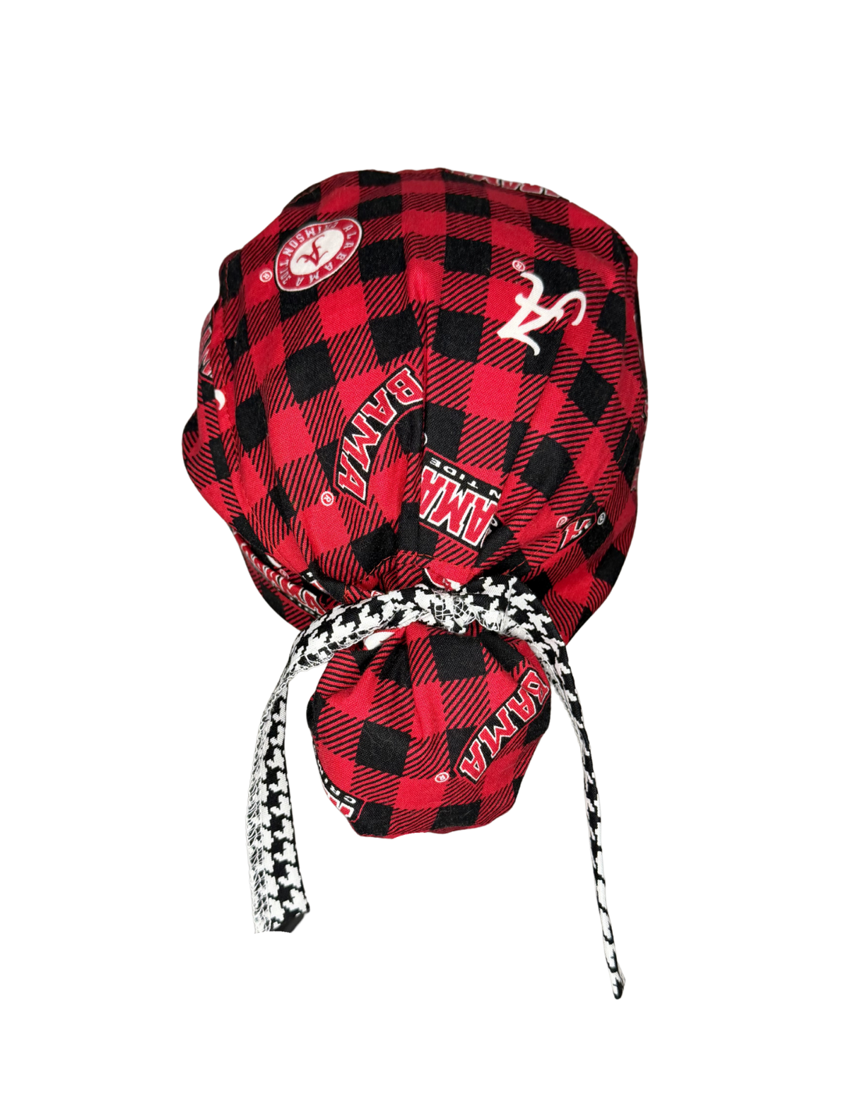 Southern Football Black Red Checkerboard Houndstooth Handmade Pony Tail Style Cap With Ribbon Tie