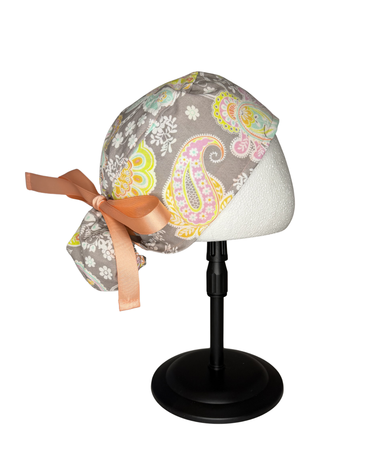 Gray Pastel Paisley Floral Handmade Pony Tail Style Cap With Ribbon Tie