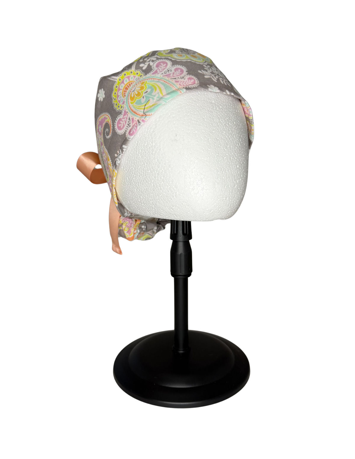 Gray Pastel Paisley Floral Handmade Pony Tail Style Cap With Ribbon Tie