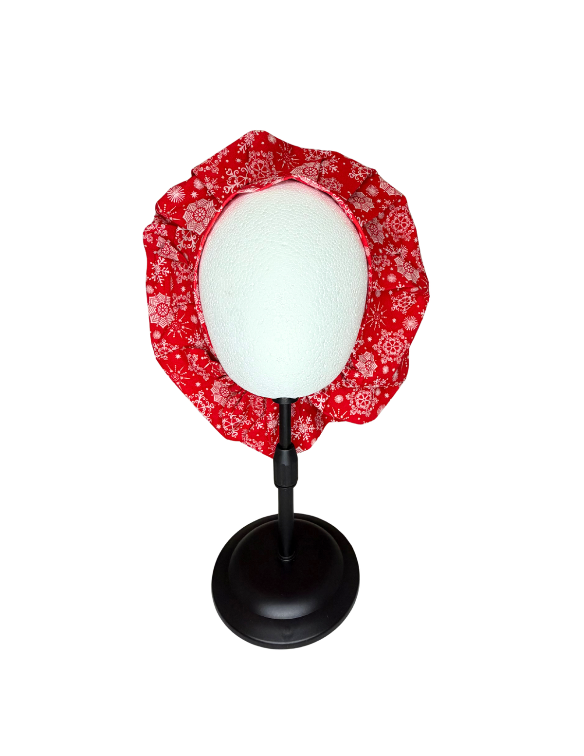 Holiday Snowflakes With Red Background Handmade Bouffant Style Cap Bonnet