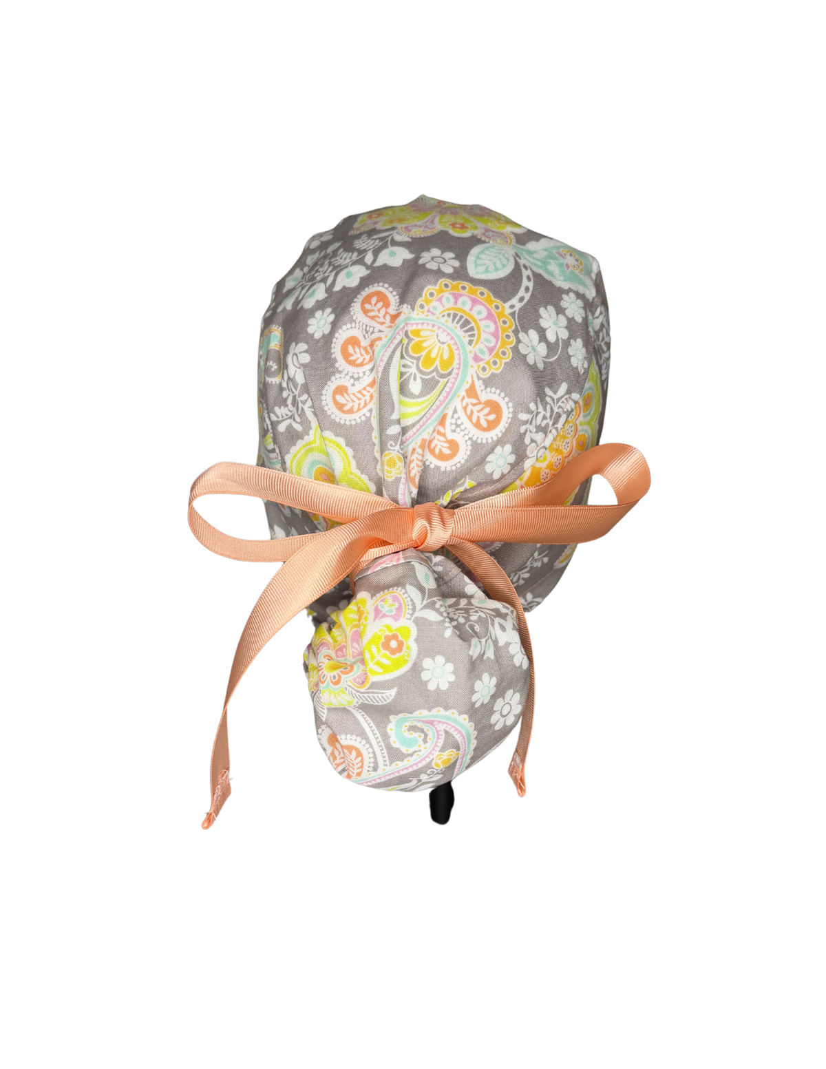 Gray Pastel Paisley Floral Handmade Pony Tail Style Cap With Ribbon Tie