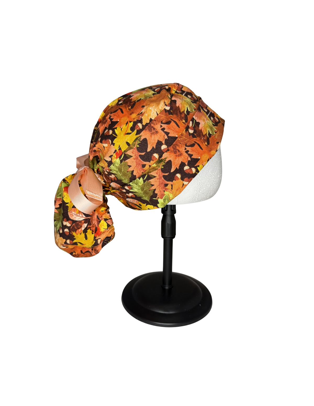 Fall Leaves Handmade Pony Tail Style Cap With Ribbon Tie