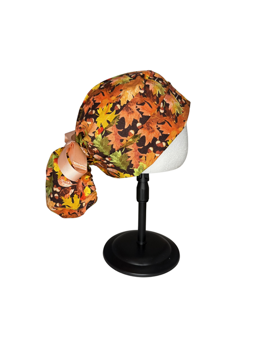 Fall Leaves Handmade Pony Tail Style Cap With Ribbon Tie