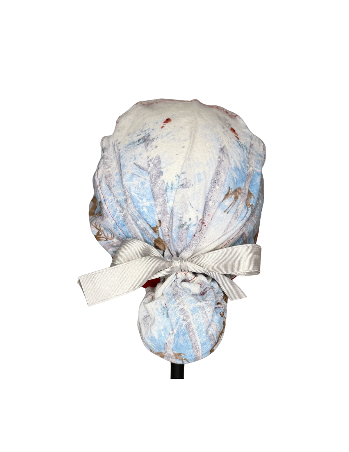 Winter Forest Scene Deer Handmade Pony Tail Style Cap With Ribbon Tie