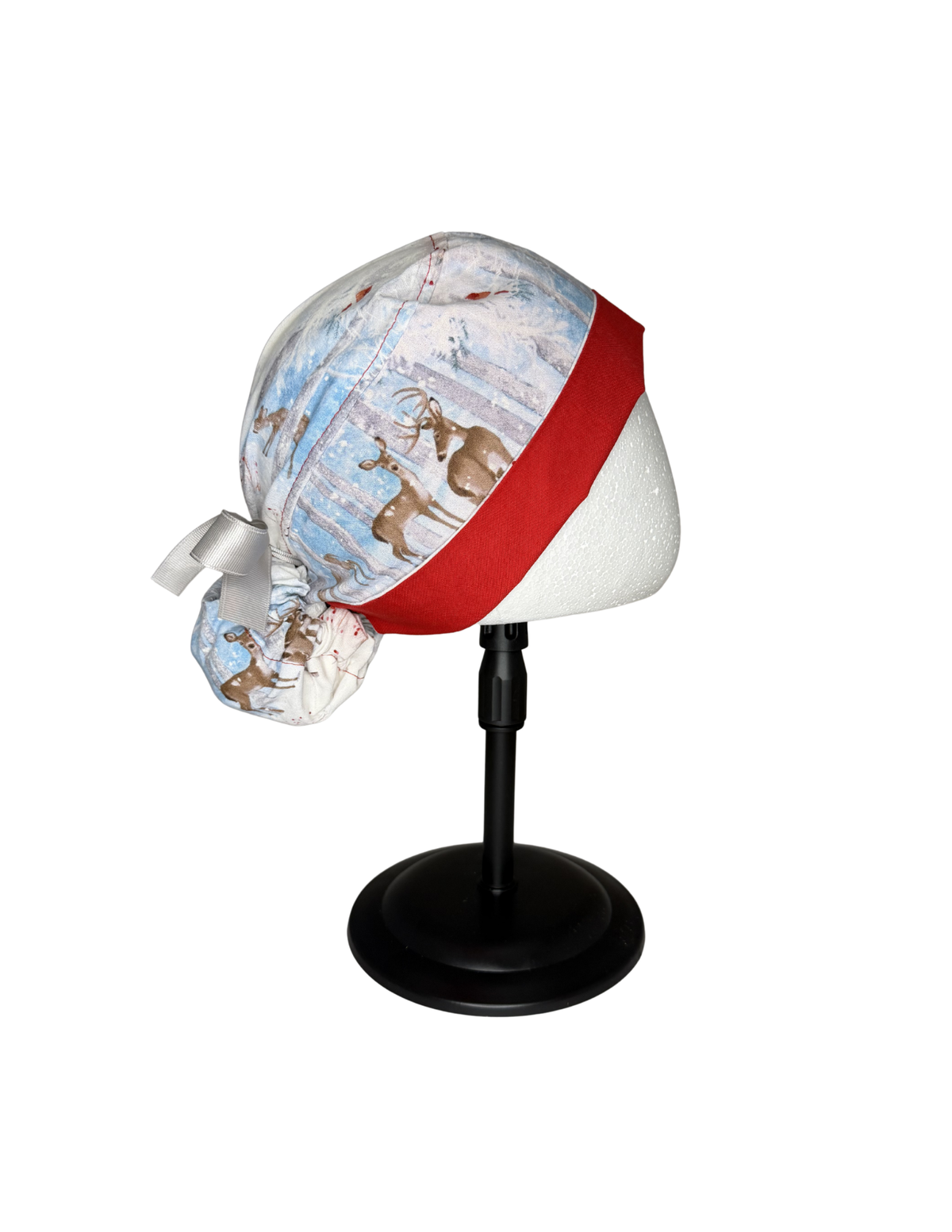 Winter Forest Scene Deer Handmade Pony Tail Style Cap With Ribbon Tie