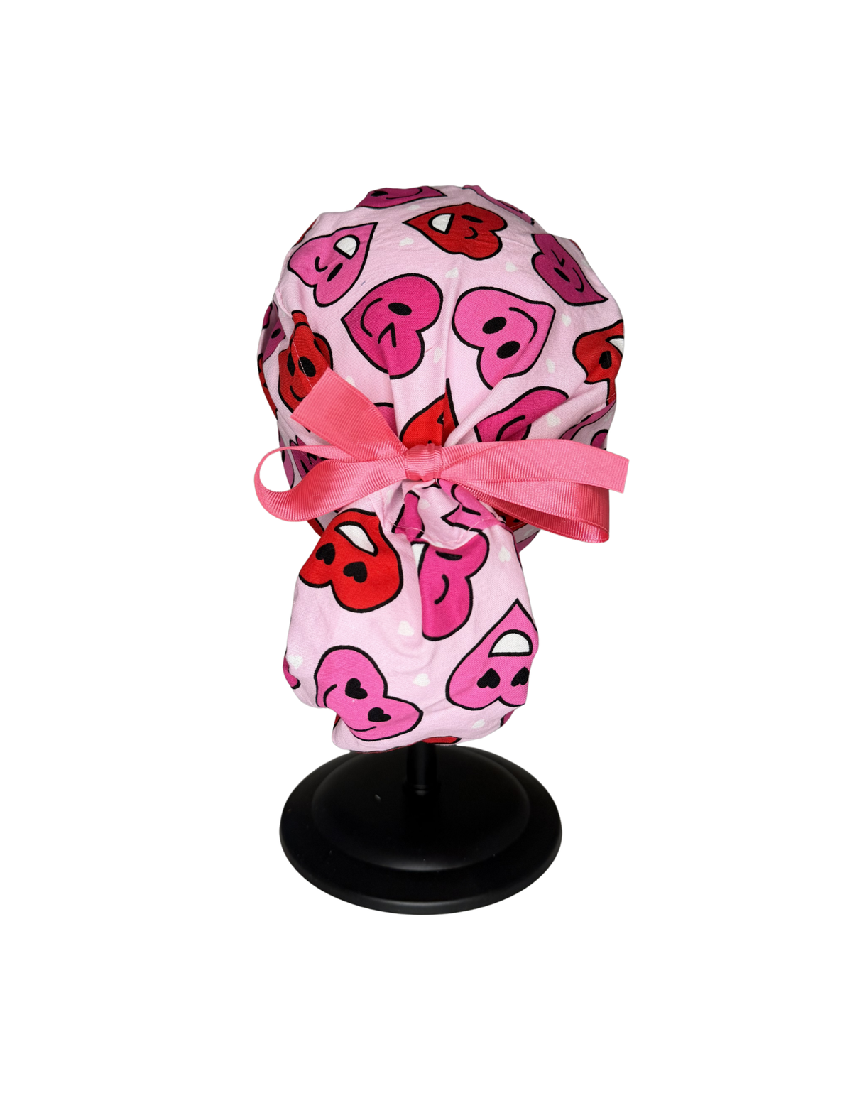 Pink Red White Happy Hearts Handmade Pony Tail Style Cap With Ribbon Tie