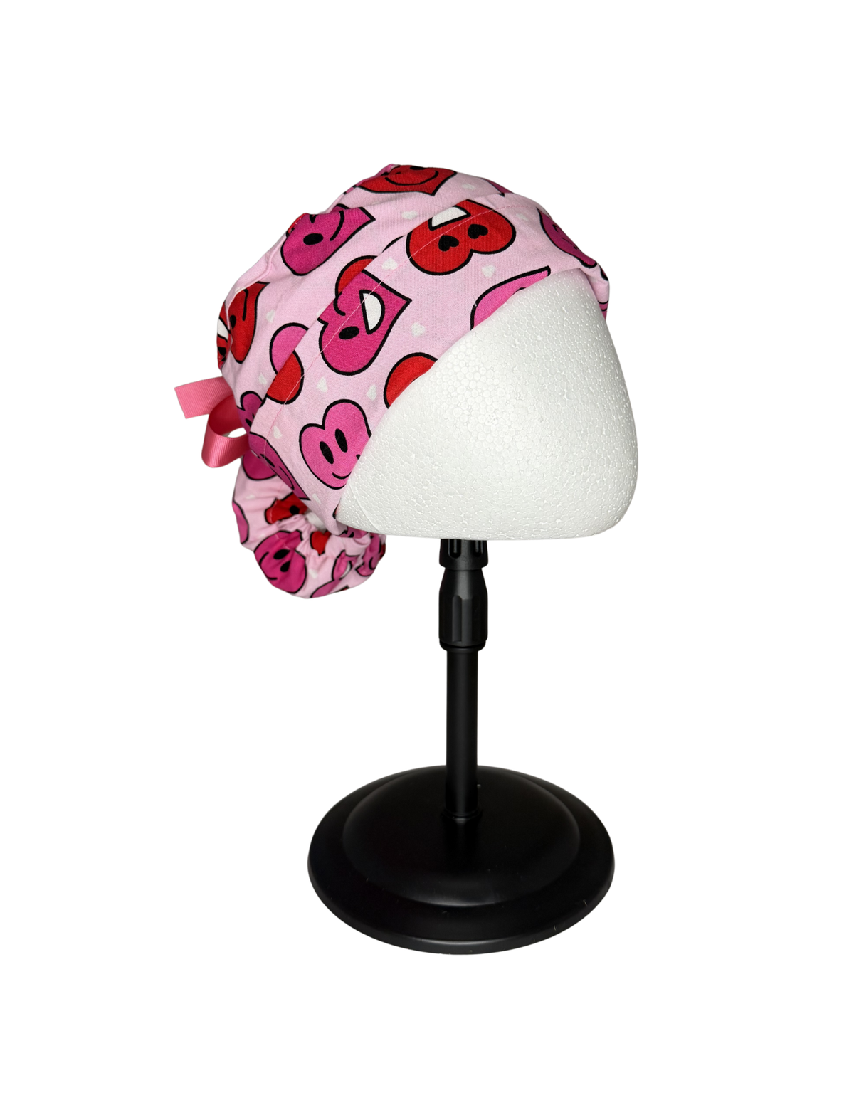 Pink Red White Happy Hearts Handmade Pony Tail Style Cap With Ribbon Tie