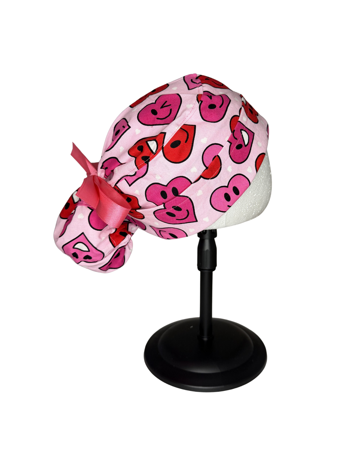 Pink Red White Happy Hearts Handmade Pony Tail Style Cap With Ribbon Tie