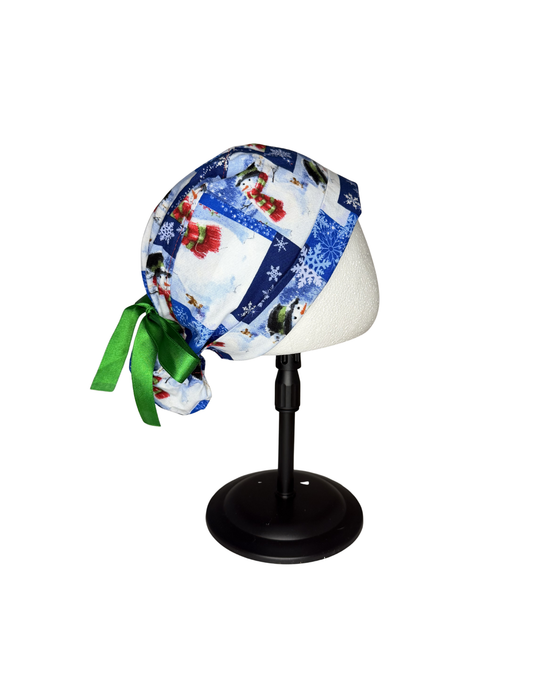 Blue Snowman With Snowflakes Handmade Pony Tail Style Cap With Ribbon Tie