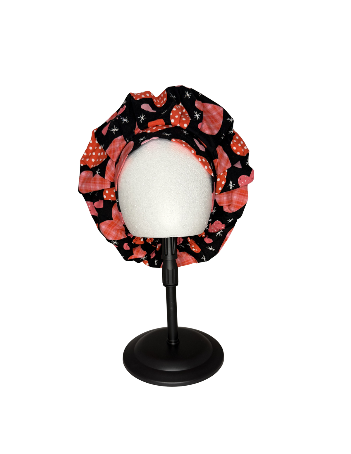Hearts With Black Background Handmade Bouffant Style Cap Bonnet
