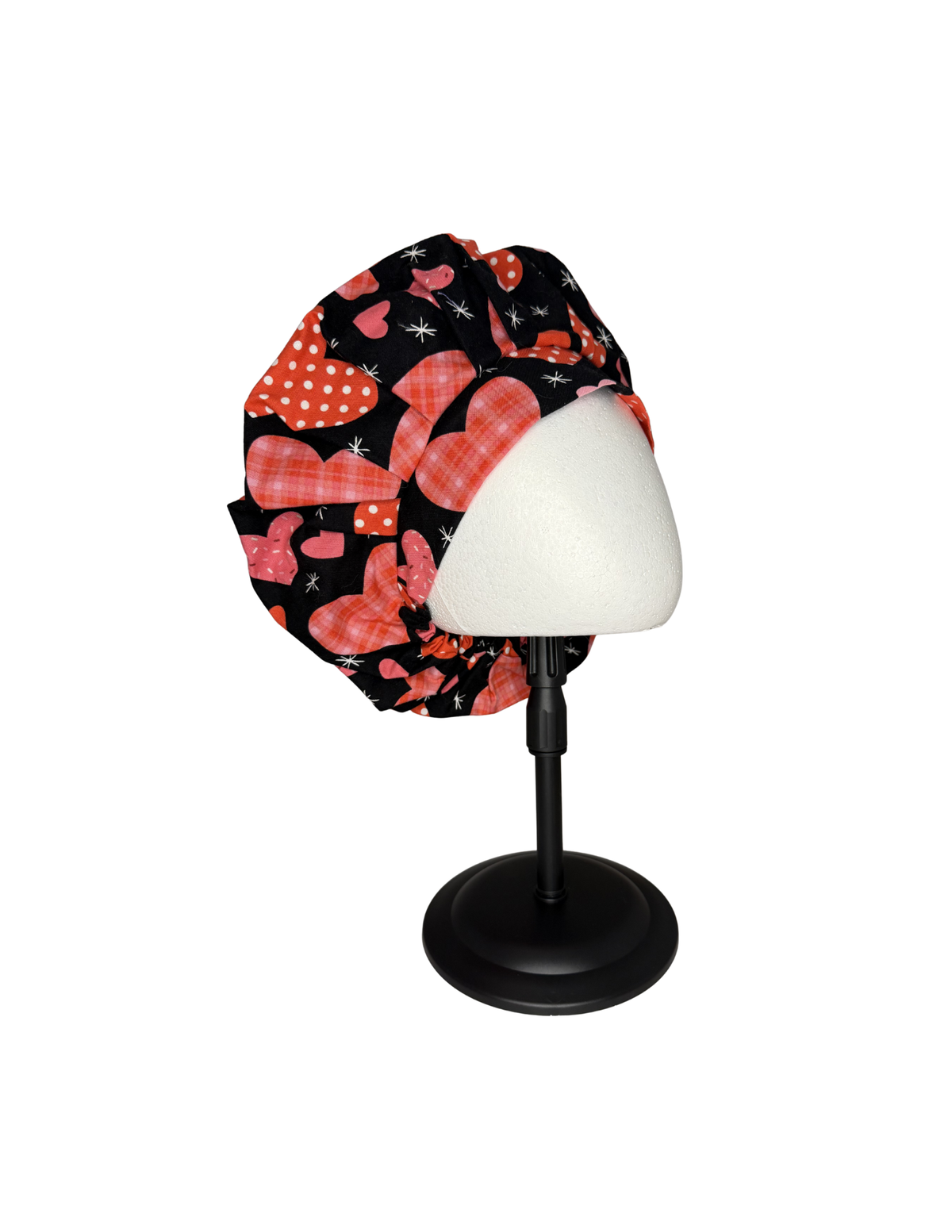 Hearts With Black Background Handmade Bouffant Style Cap Bonnet