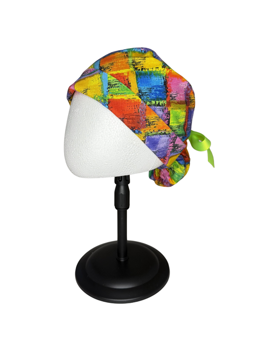 Bright Multicolor Squares Green Ribbon Handmade Pony Tail Style Cap With Ribbon Tie