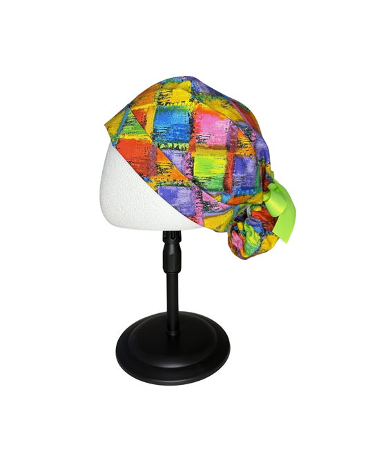 Bright Multicolor Squares Green Ribbon Handmade Pony Tail Style Cap With Ribbon Tie
