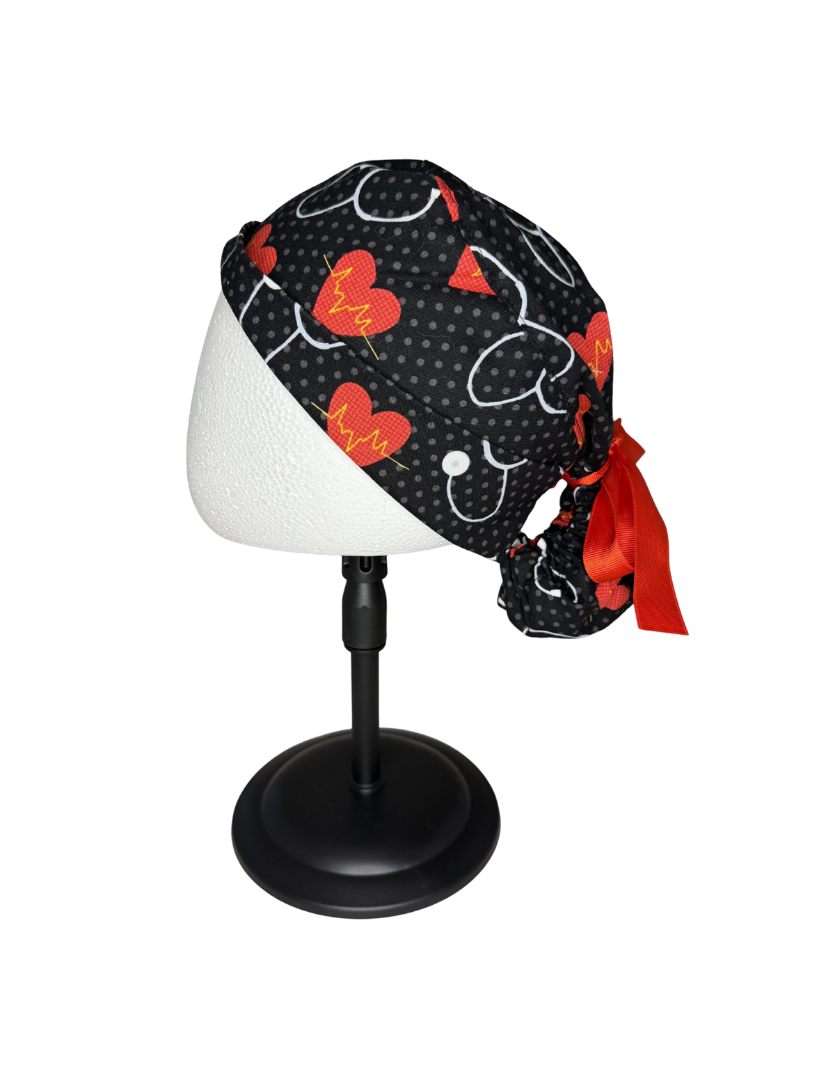 Nurse Strong Love Stethoscope Hearts Handmade Pony Tail Style Cap With Ribbon Tie