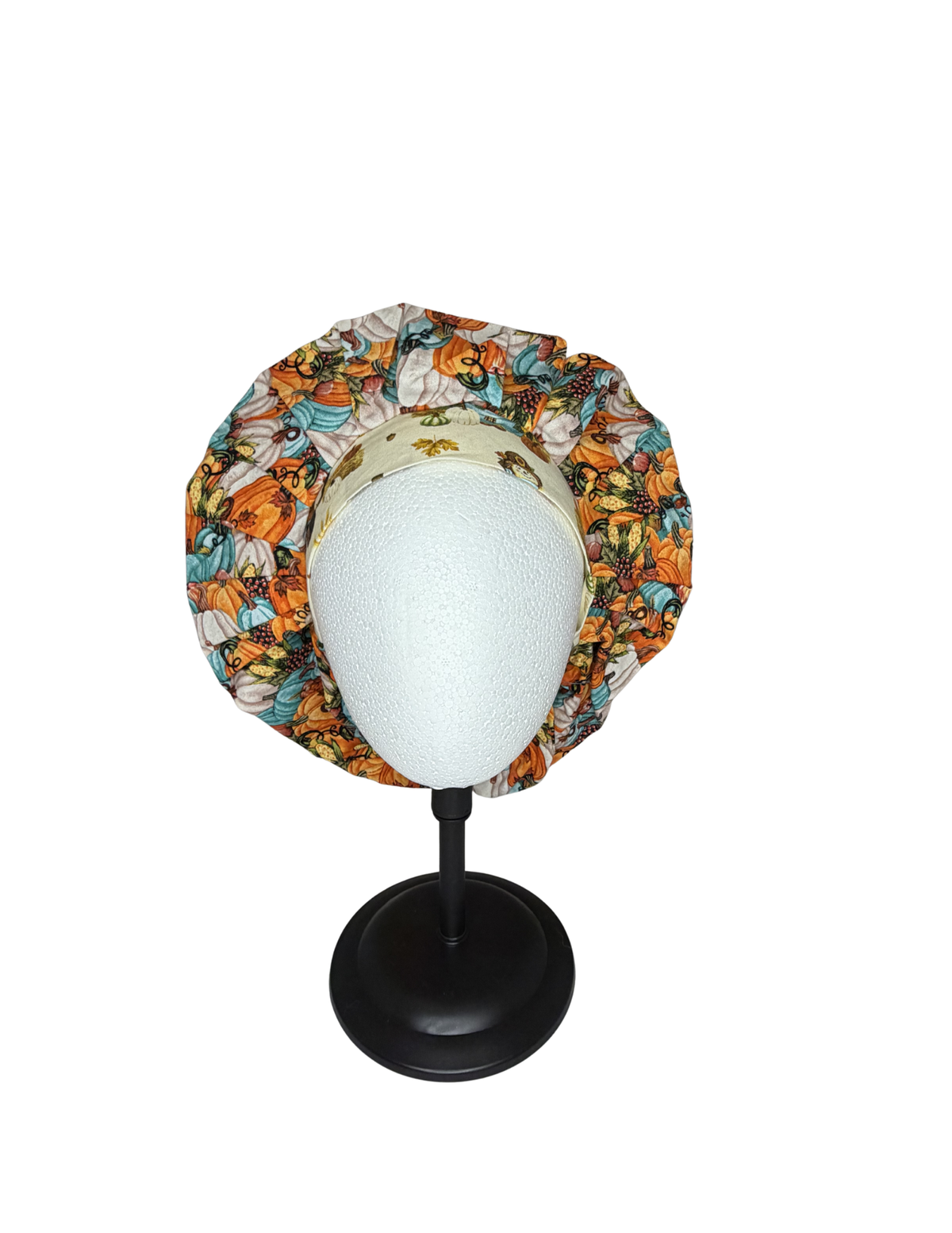 Fall Pumpkins Teal White Orange Handmade Bouffant Style Cap Bonnet