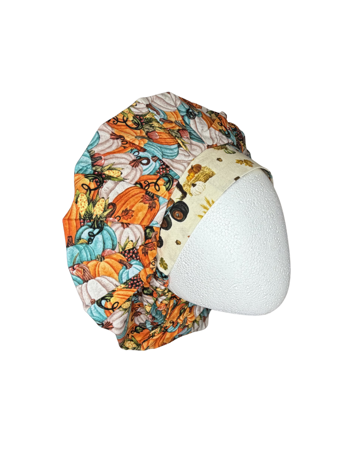 Fall Pumpkins Teal White Orange Handmade Bouffant Style Cap Bonnet