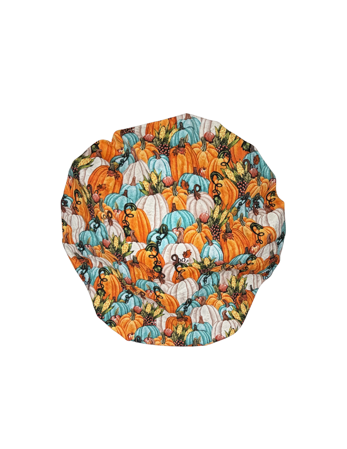 Fall Pumpkins Teal White Orange Handmade Bouffant Style Cap Bonnet