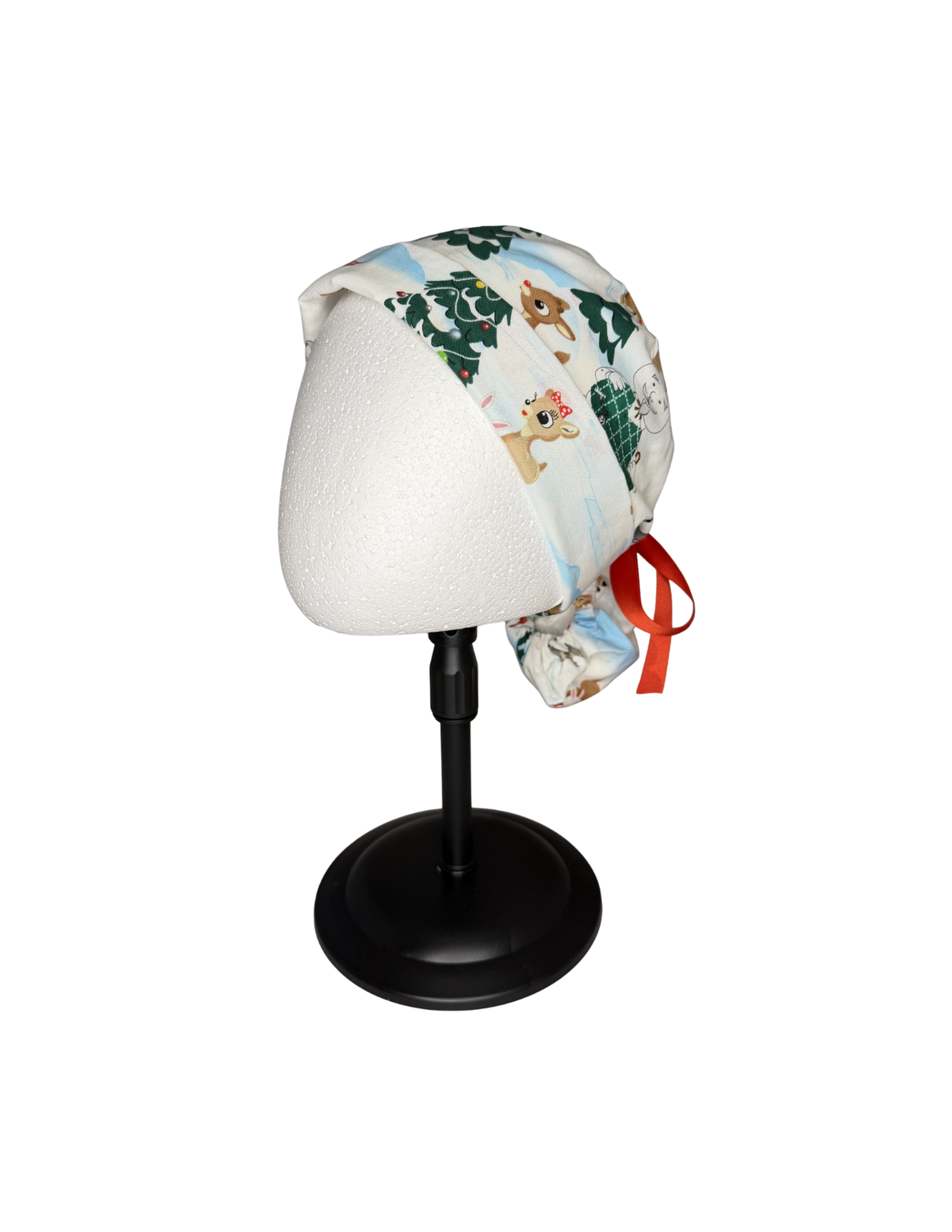 Cartoon Christmas Deer Snow Scene Handmade Pony Tail Style Cap With Ribbon Tie