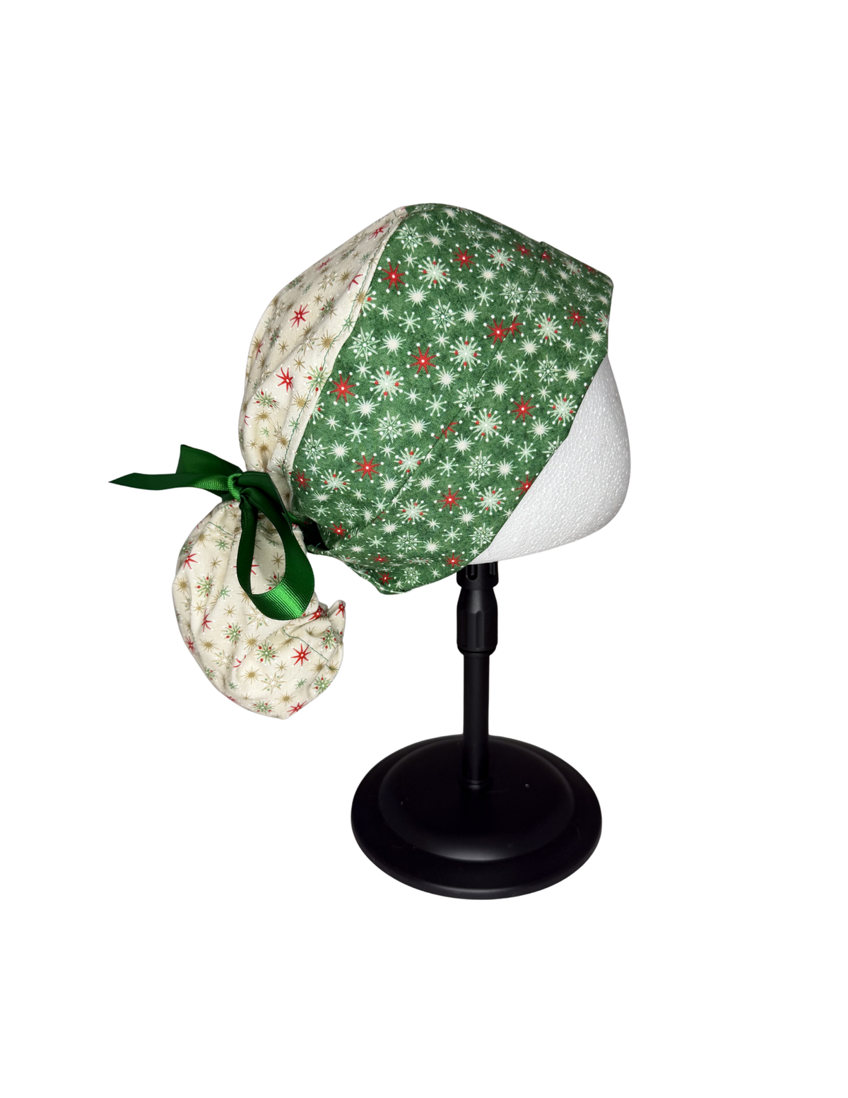 Vintage Look Holiday Christmas Snowflakes Beige Green Handmade Pony Tail Style Cap With Ribbon Tie