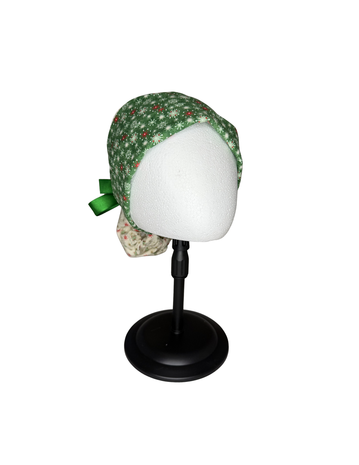 Vintage Look Holiday Christmas Snowflakes Beige Green Handmade Pony Tail Style Cap With Ribbon Tie