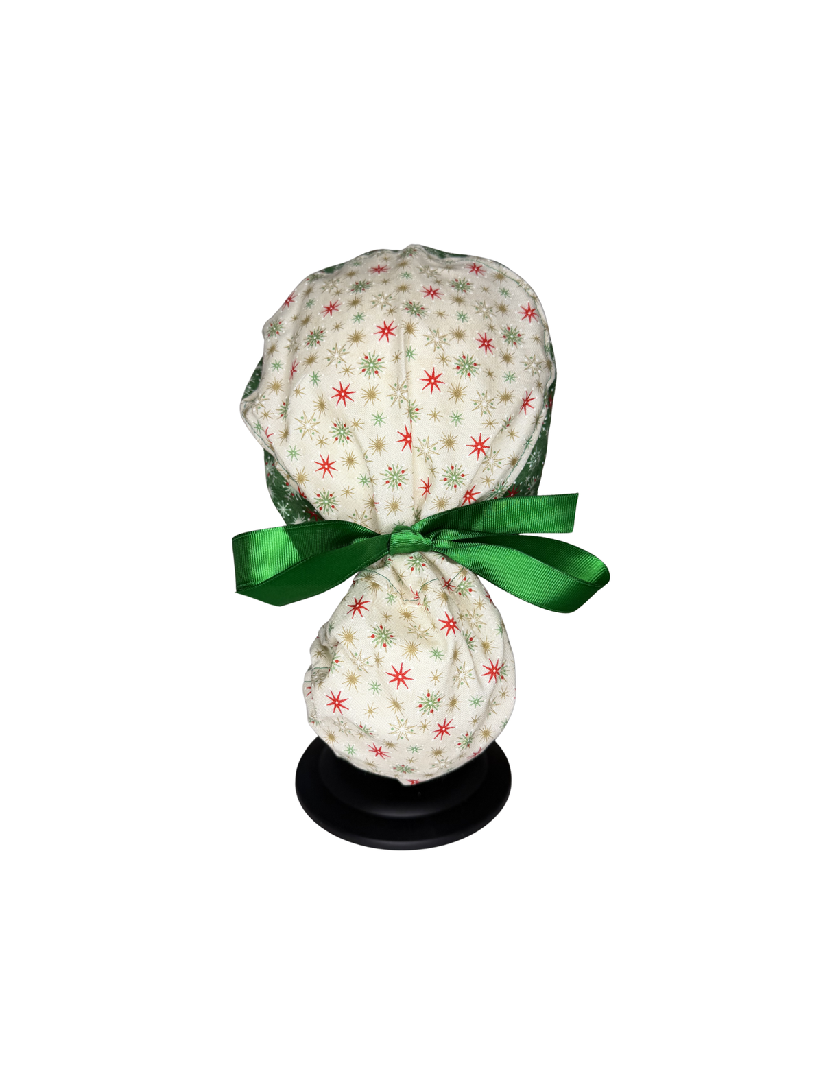 Vintage Look Holiday Christmas Snowflakes Beige Green Handmade Pony Tail Style Cap With Ribbon Tie