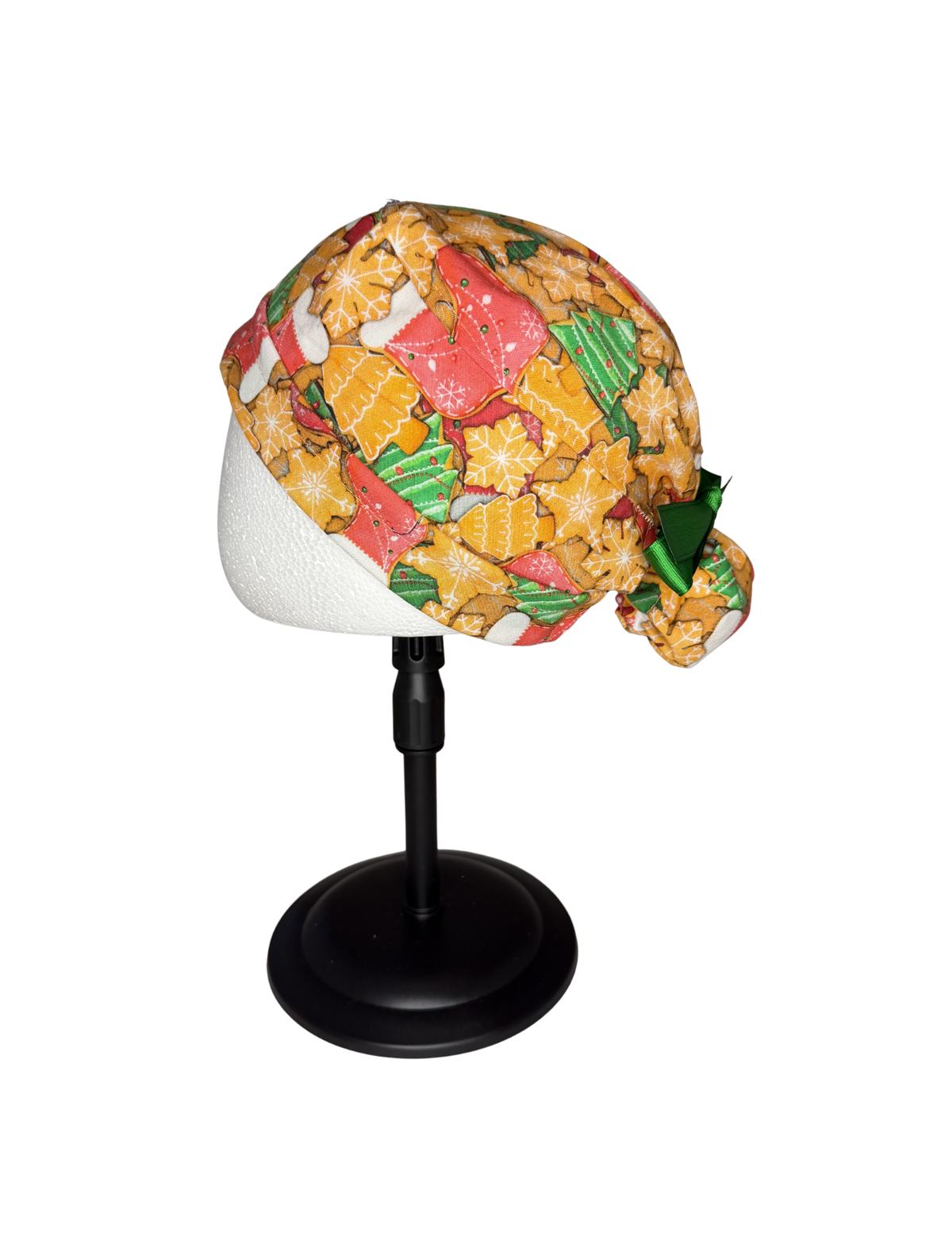 Red Green Gingerbread Holiday Handmade Pony Tail Style Cap With Ribbon Tie For Short Hair
