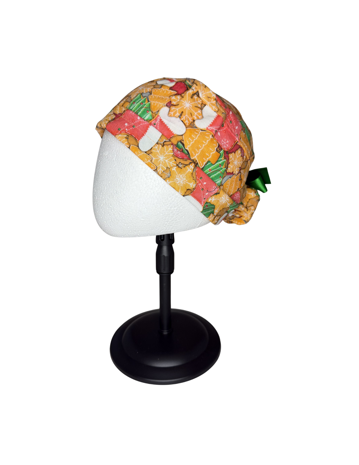 Red Green Gingerbread Holiday Handmade Pony Tail Style Cap With Ribbon Tie For Short Hair