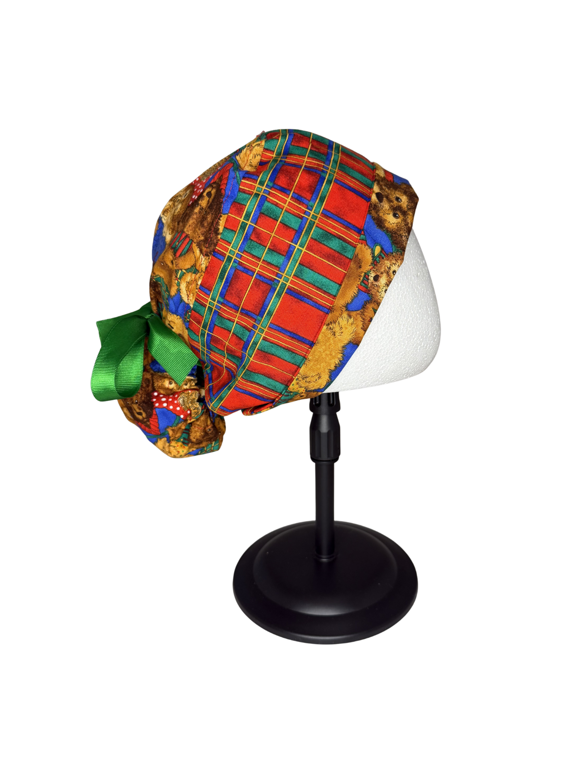 Plaid Teddy Bears Handmade Pony Tail Style Cap With Ribbon Tie
