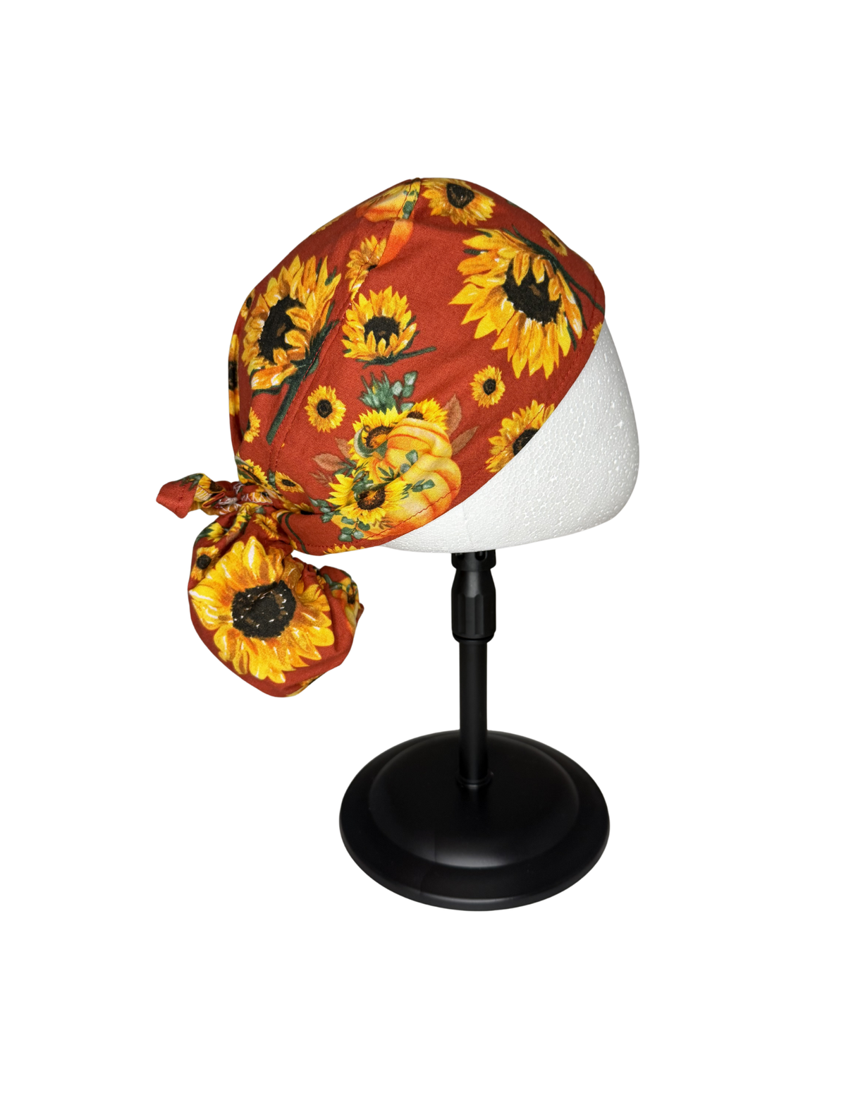 Fall Sunflowers With Pumpkins Handmade Pony Tail Style Cap With Ribbon Tie