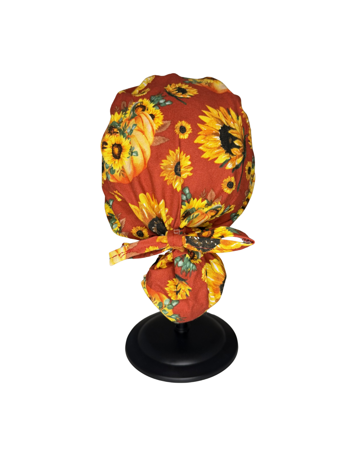 Fall Sunflowers With Pumpkins Handmade Pony Tail Style Cap With Ribbon Tie